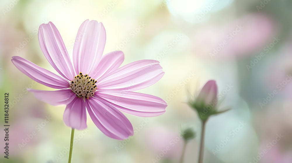 Single purple cosmos flower in soft focus. Perfect for natural beauty and gentle skincare marketing. Single purple cosmos flower in soft focus. Perfect for natural beauty and gentle skincare marketing.