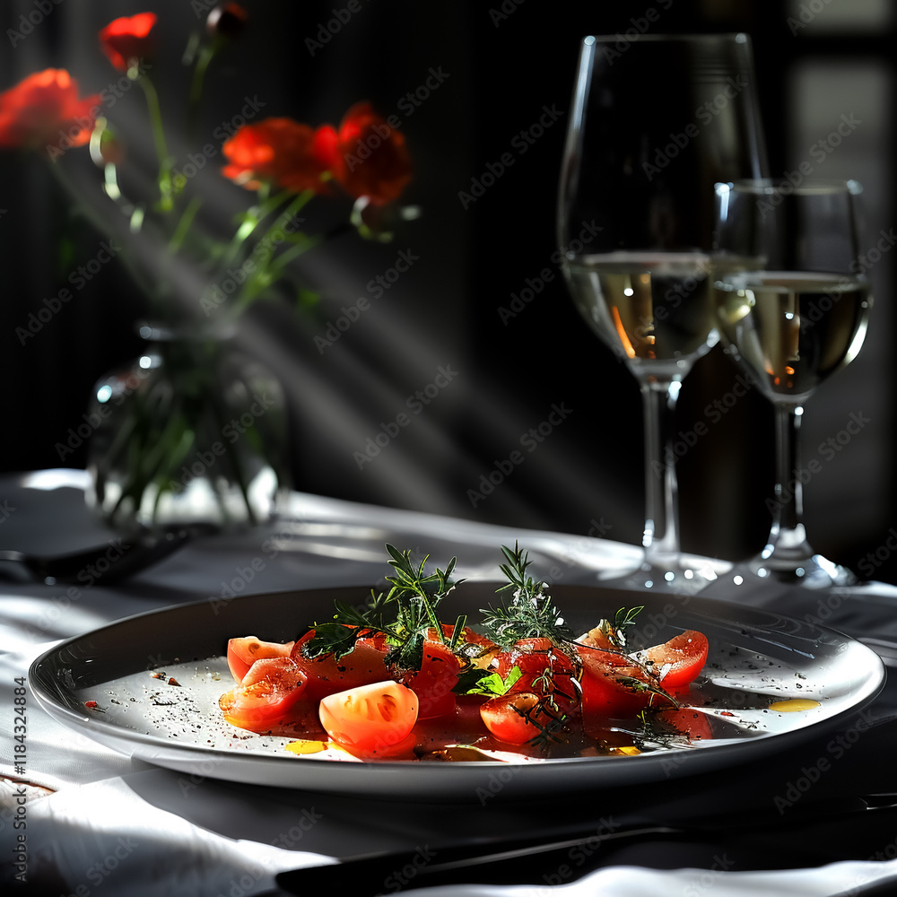 Fresh tomato salad with herbs, elegant dining setting, and wine Fresh tomato salad with herbs, elegant dining setting, and wine