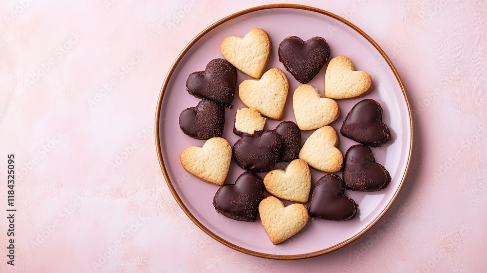 A plate of heart-shaped shortbread cookies dipped in chocolate, set against a soft pastel backdrop A plate of heart-shaped shortbread cookies dipped in chocolate, set against a soft pastel backdrop