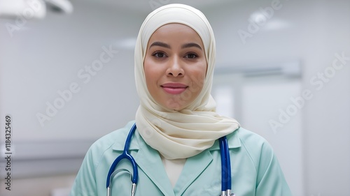 female medical professional wearing a cream-colored hijab and a mint blue doctor's coat. She appears confident and calm, with a stethoscope draped around her neck, reflecting her role in the healthcar photo