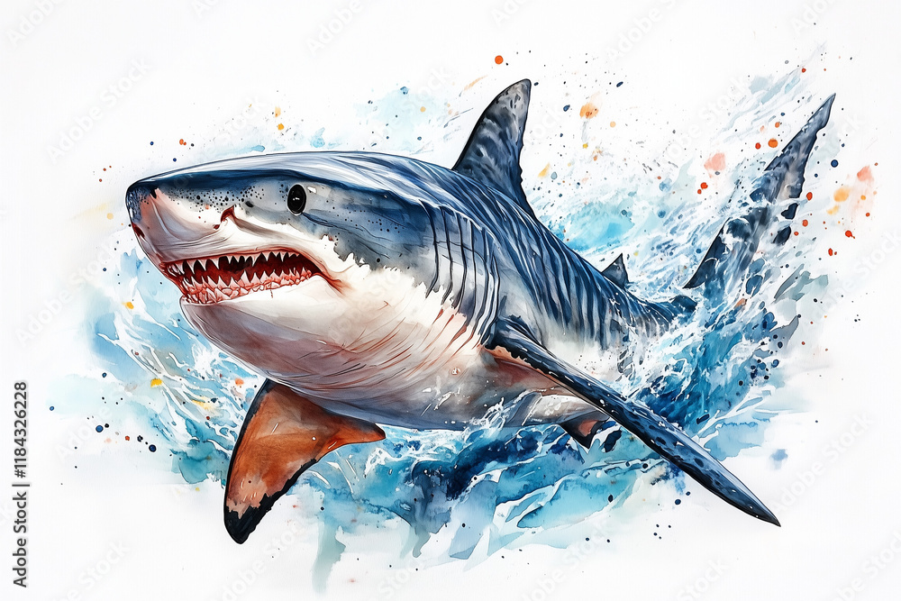 Fototapeta premium Illustration of the Tiger Shark, soft watercolor tones, white background, detailed illustration, cartoonish.