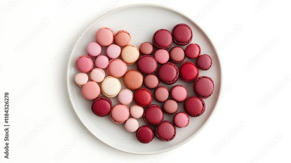 A plate of macarons in shades of pink and red, arranged in a heart shape on a white background A plate of macarons in shades of pink and red, arranged in a heart shape on a white background
