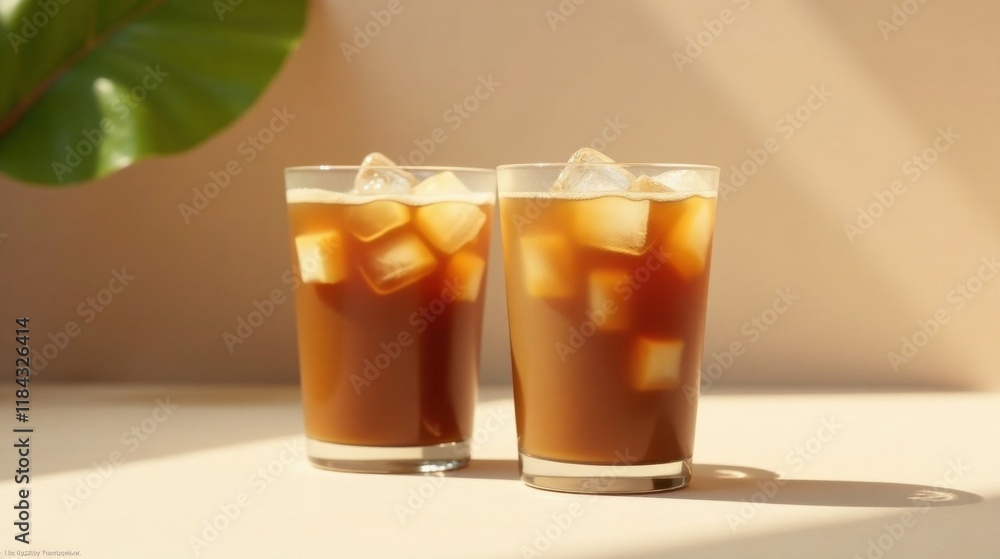 Two Glasses of Refreshing Iced Coffee in Sunlight Two Glasses of Refreshing Iced Coffee in Sunlight