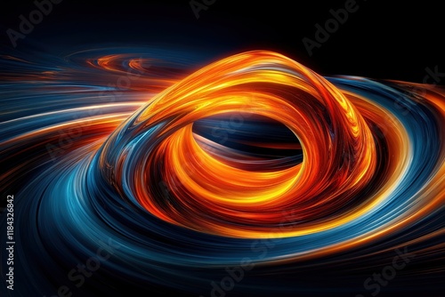 This dynamic piece captures swirling cosmic energy, blending fiery oranges and serene blues, evoking a sense of motion and depth within a vivid abstract environment.