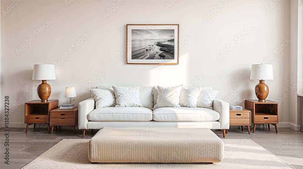 Obraz premium A minimalist living room featuring a white sofa, matching cushions, and wooden side tables with dome lamps. A black and white coastal photograph hangs above the sofa.