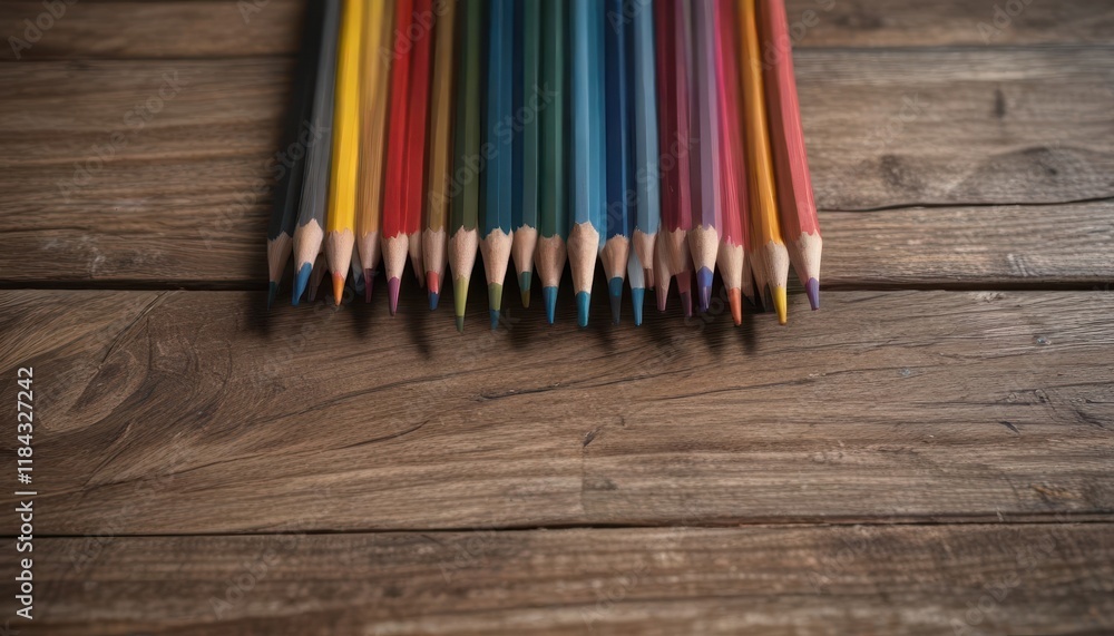 Obraz premium Sharpened colored pencils arranged in a bunch on rustic wood , supplies, detail, macro