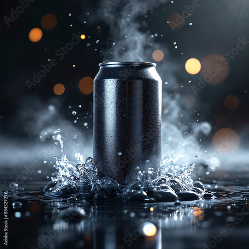 A can of soda is sitting in a pool of water with steam rising from it. The image has a moody and mysterious feel to it, as if the soda is being transformed into something else photo