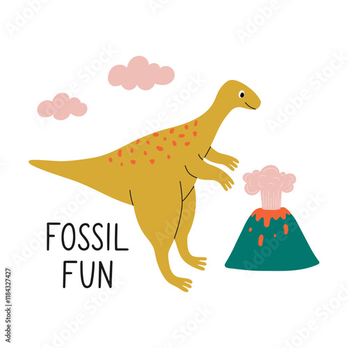 Cute dinosaur character, volcano and hand drawn text Fossil Fun. Design element for print, greeting card, invitation, book