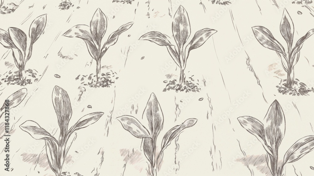 Fototapeta premium Plant drawings in sketch style in earthy colors representing growth with copy space