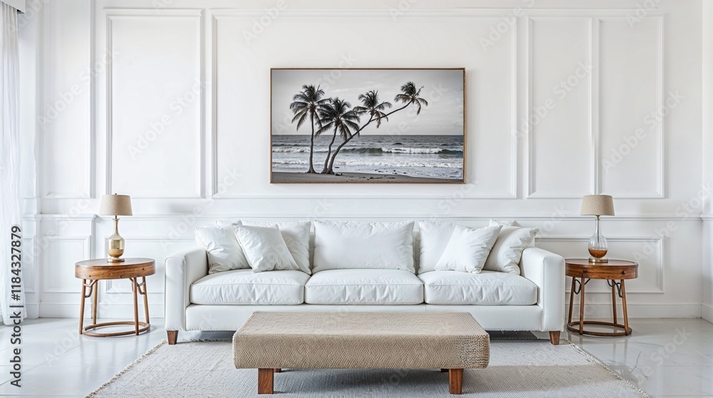 Obraz premium A minimalist living room featuring a white sofa, matching cushions, and wooden side tables with dome lamps. A black and white coastal photograph hangs above the sofa.