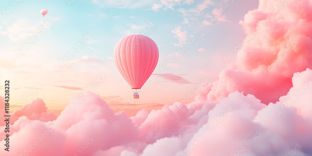 Obraz premium The image features a large pink hot air balloon flying in a sky filled with fluffy, pink clouds, creating a dreamy and ethereal atmosphere