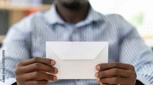 Distressed Man Holding Layoff Notice at Desk, Blurred Office Background Emphasizing Emotional Response photo