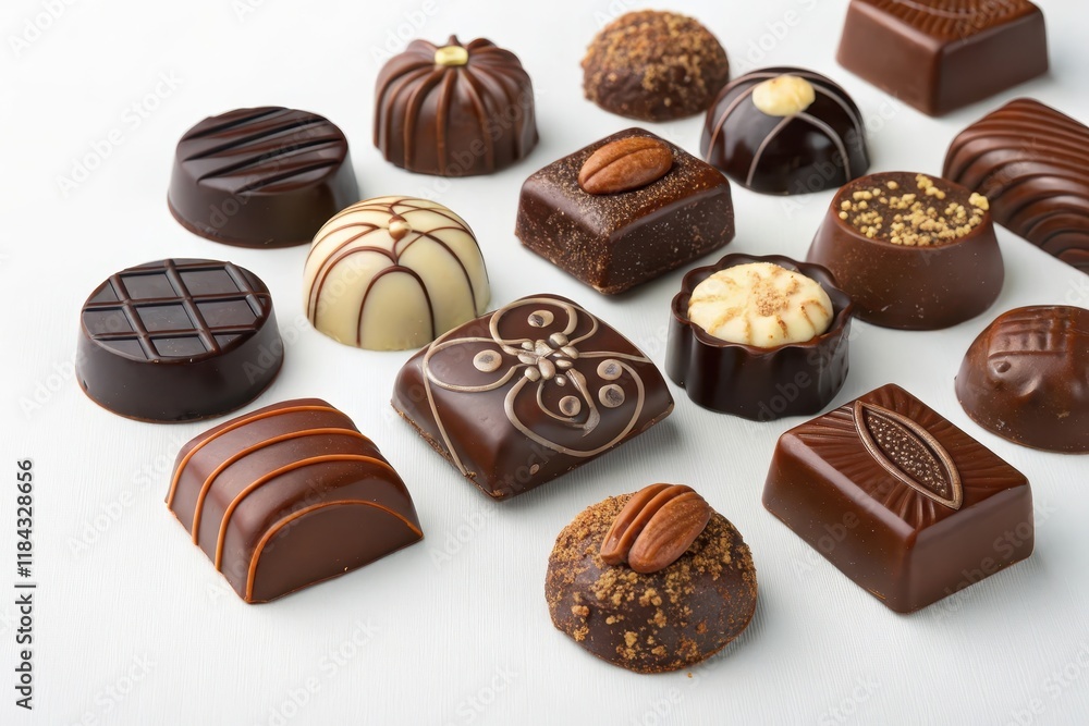 An assortment of decadent dark and milk chocolate confections, meticulously crafted with various toppings and designs. An assortment of decadent dark and milk chocolate confections, meticulously crafted with various toppings and designs.