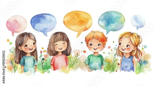 Four cheerful children engaged in conversation, sharing smiles and thoughts in a vibrant garden with colorful speech bubbles representing joyful communication and friendship.