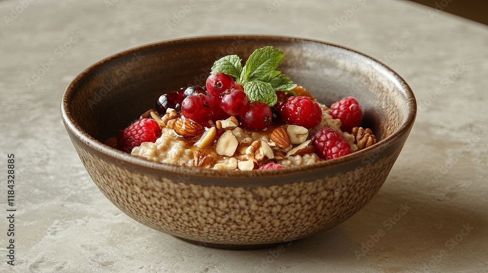 A ceramic bowl of oatmeal topped with fresh berries, nuts, and a drizzle of honey on a light stone surface A ceramic bowl of oatmeal topped with fresh berries, nuts, and a drizzle of honey on a light stone surface