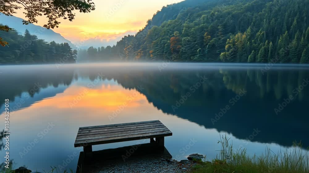 Tranquil lake view at sunrise with mist rising from the water