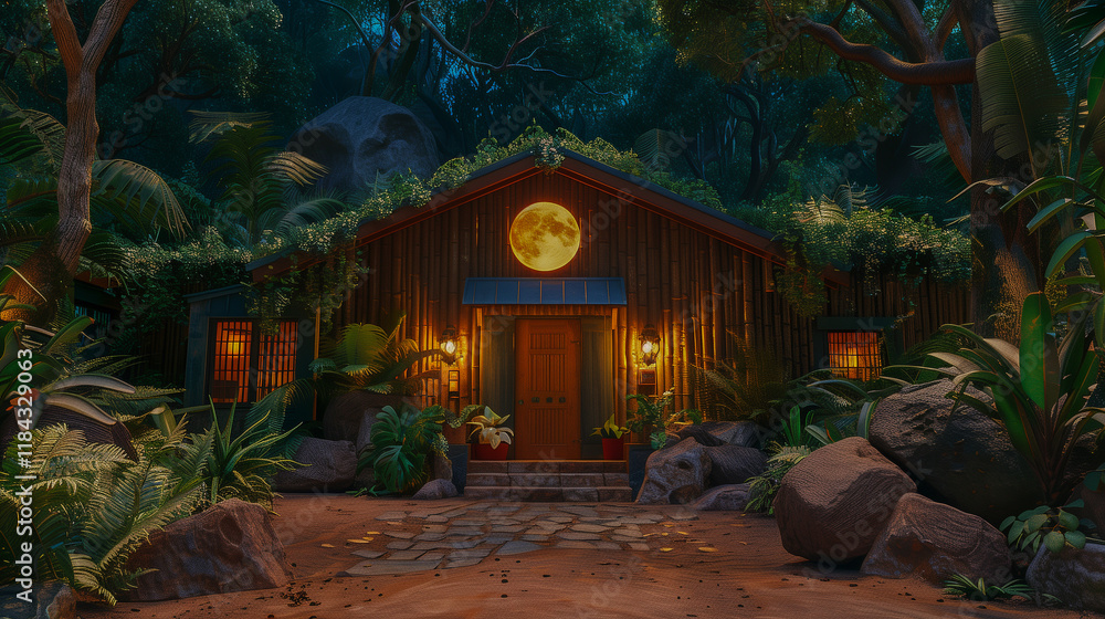 Obraz premium Cozy Forest Cabin Illuminated by Moonlight..