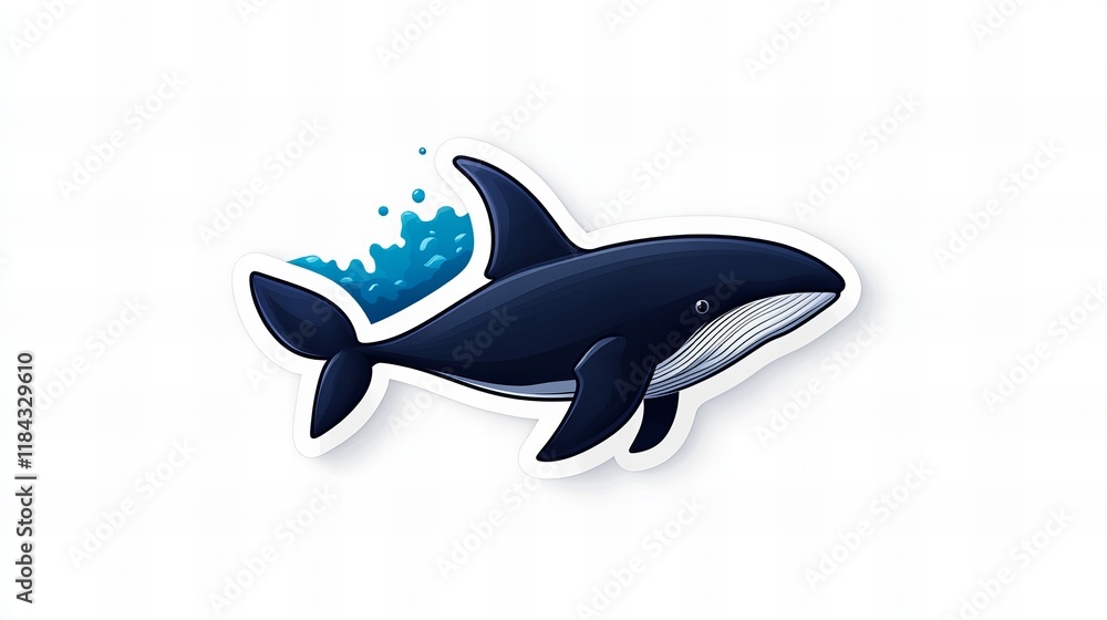 Fototapeta premium A playful illustration of a whale swimming in the ocean. The sticker-like design adds a touch of fun to this aquatic scene.