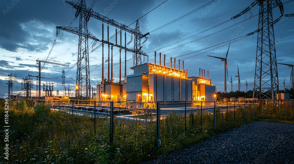 Night Scene of Power Plant with Wind Turbines and Transmission Towers Night Scene of Power Plant with Wind Turbines and Transmission Towers