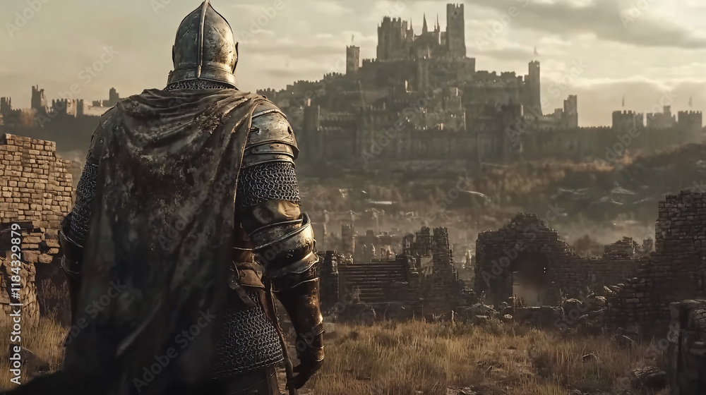 A knight in battle-worn armor stands alone atop a cliff, his gaze fixed on the darkening sky as the winds swirl around him. A knight in battle-worn armor stands alone atop a cliff, his gaze fixed on the darkening sky as the winds swirl around him.