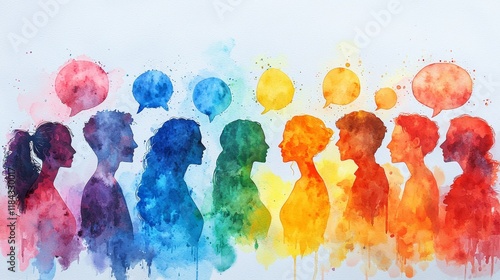 Wallpaper Mural Colorful Silhouettes of People Engaged in Conversation with Speech Bubbles, Representing Communication and Connection in a Vibrant Watercolor Style Torontodigital.ca