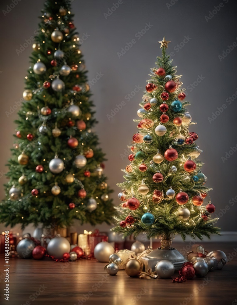 A small Christmas tree dressed in a variety of shiny metallic ornaments and garlands, metallic decorations, holiday centerpieces A small Christmas tree dressed in a variety of shiny metallic ornaments and garlands, metallic decorations, holiday centerpieces