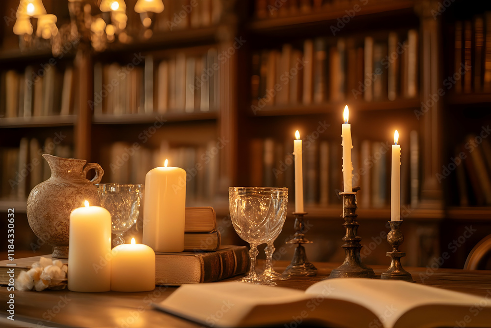 A cozy library scene with candles, books, and elegant glassware for a warm atmosphere. A cozy library scene with candles, books, and elegant glassware for a warm atmosphere.