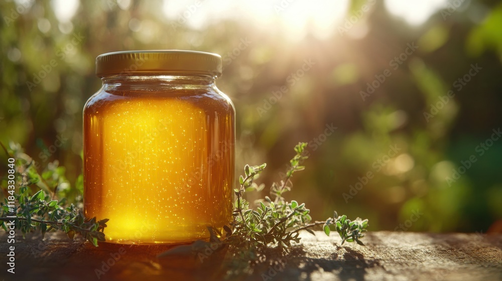 Golden Honey Jar with Herbs in Morning Light Golden Honey Jar with Herbs in Morning Light