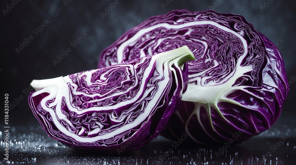 Obraz premium A close-up of sliced red cabbage showcasing its vibrant colors and intricate patterns.