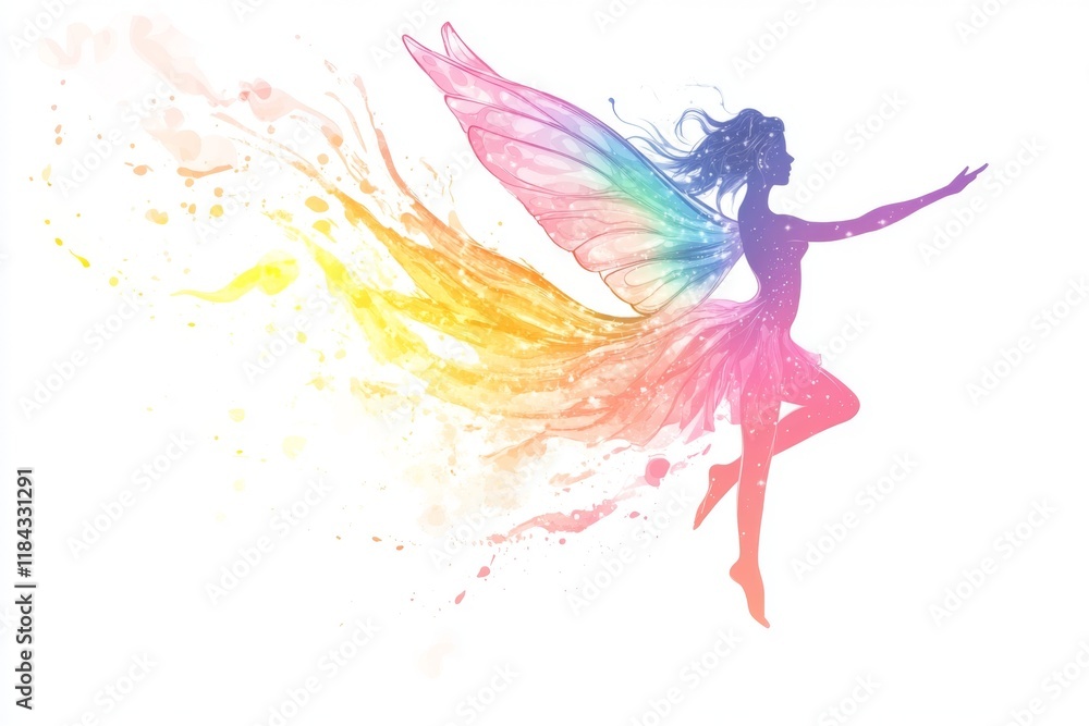 Obraz premium Rainbow-winged fairy silhouette in dreamy clipart style with glitter splashes on white background