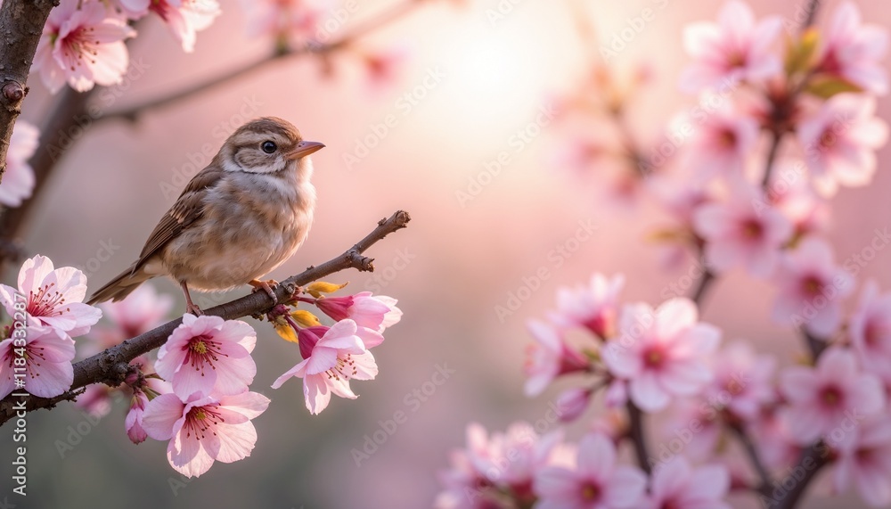 Bird perched on cherry blossom branch Bird perched on cherry blossom branch
