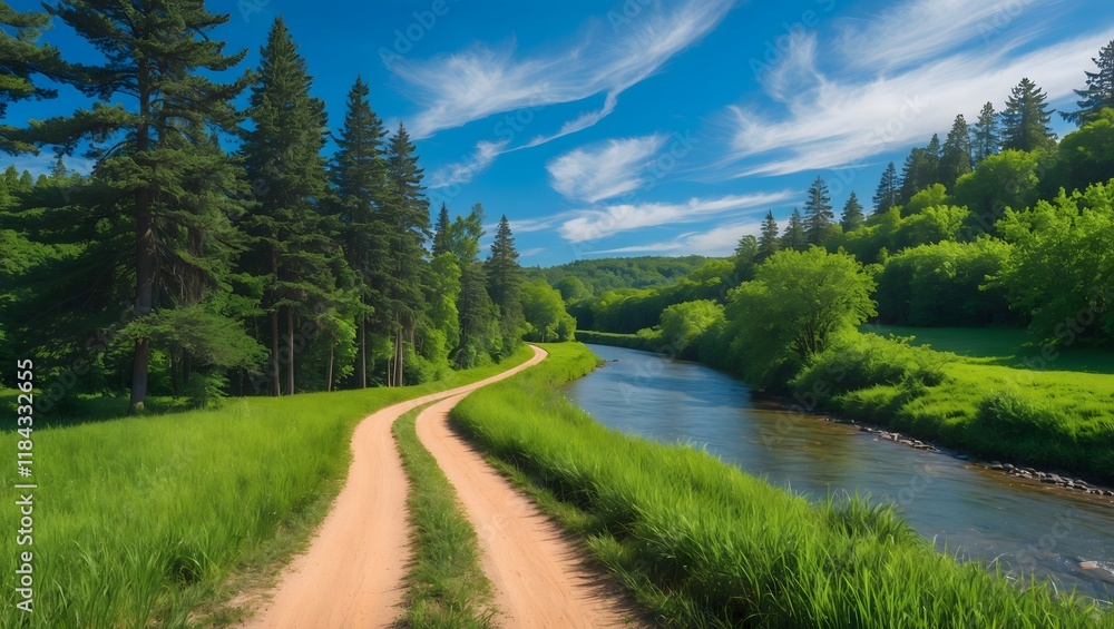 Beautiful summer lake and footpath on green nature landscape. Ai Generative Beautiful summer lake and footpath on green nature landscape. Ai Generative