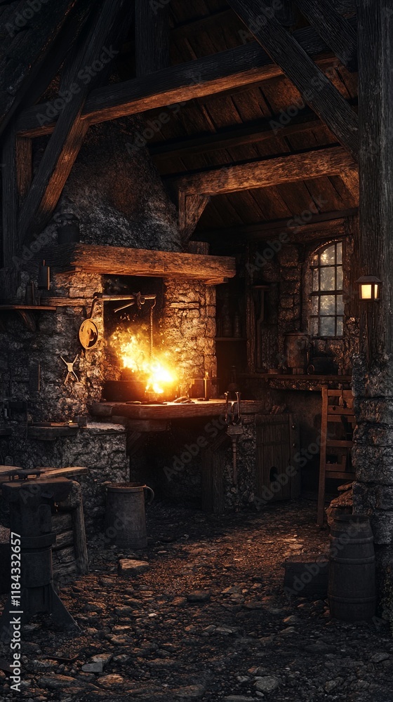 A rustic blacksmith's forge with an anvil, hammer, and glowing furnace