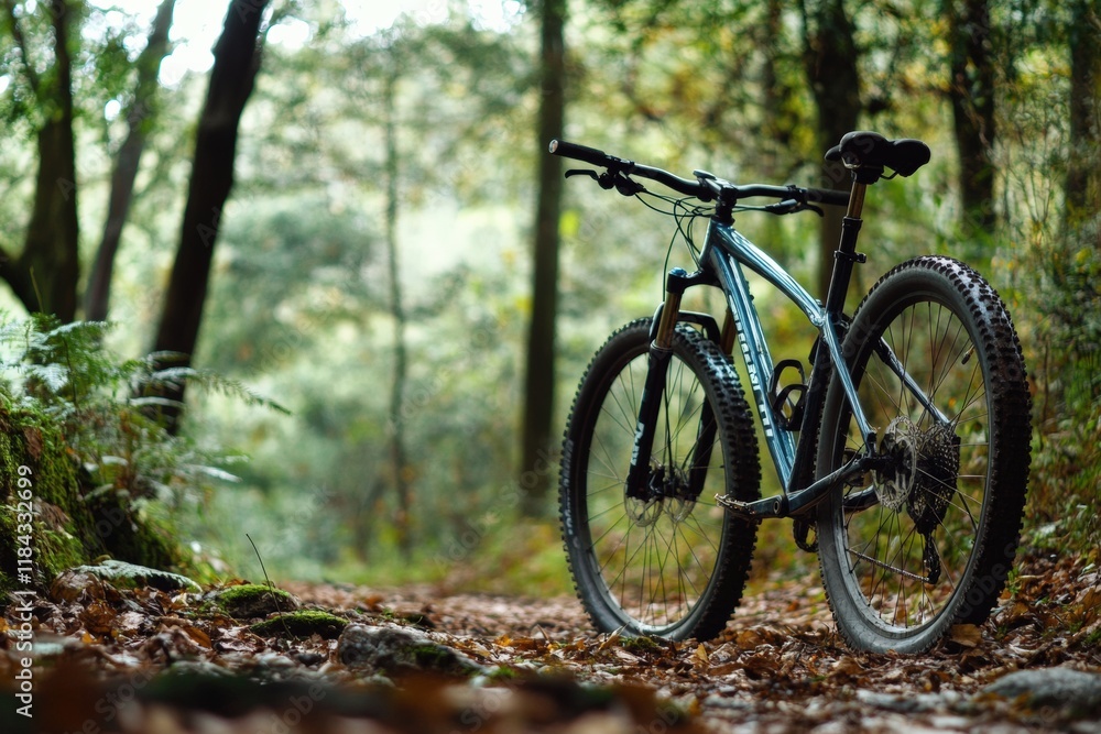Fototapeta premium A mountain bike parked against a scenic forest backdrop.