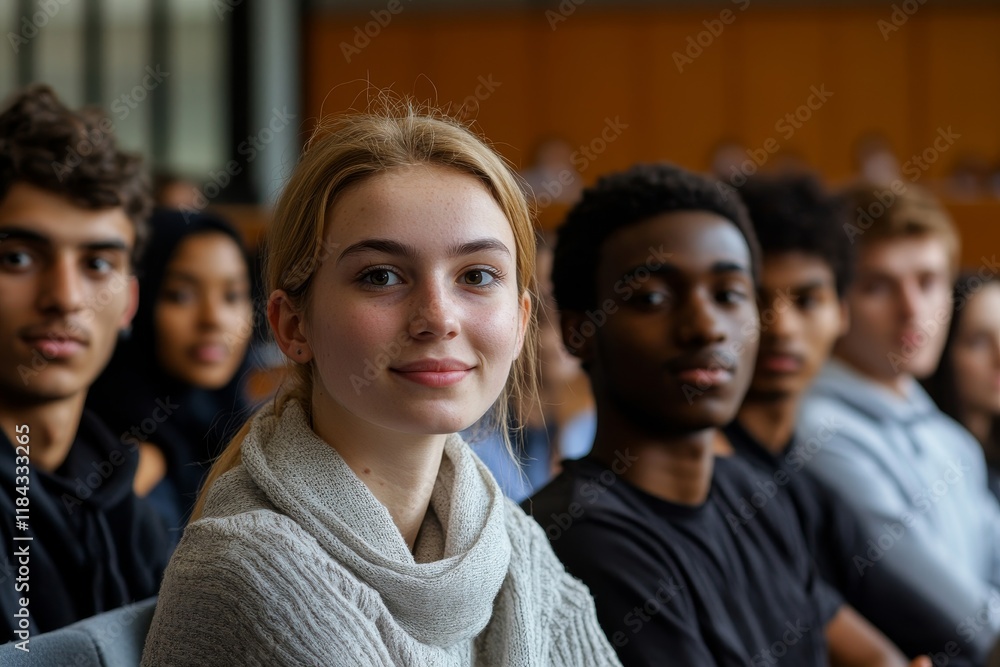 Obraz premium Multiethnic group of university students in lecture hall looking at camera. Generative AI