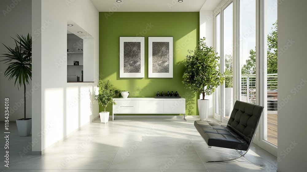 Fototapeta premium Modern Interior Design of a Bright and Airy Living Room with Green Accent Wall