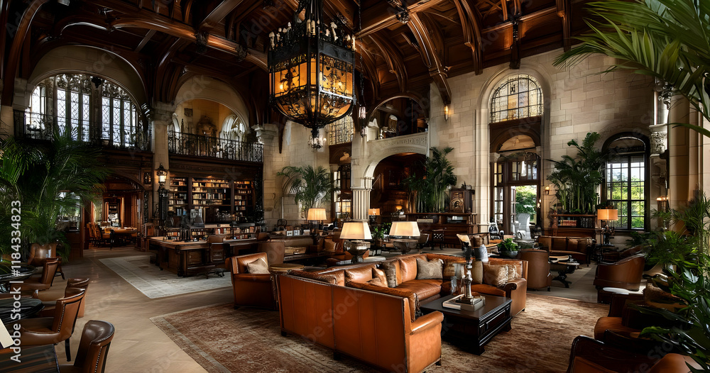 Elegant interior of a luxurious lounge with rich wood, leather seating, and greenery. Elegant interior of a luxurious lounge with rich wood, leather seating, and greenery.
