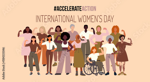 A group of women are standing together on a poster for International Women's Day. The poster is titled "Accelerate Action" and features a diverse group of women with different skin tones and abilities