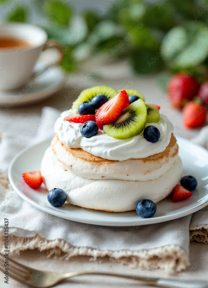 Mini pavlova with fresh fruits on a plate, set against a summery backdrop with soft greenery.
Mini pavlova with fresh fruits on a plate, set against a summery backdrop with soft greenery.