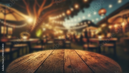 Empty wood table for product display in blur background of admirable restaurant at night