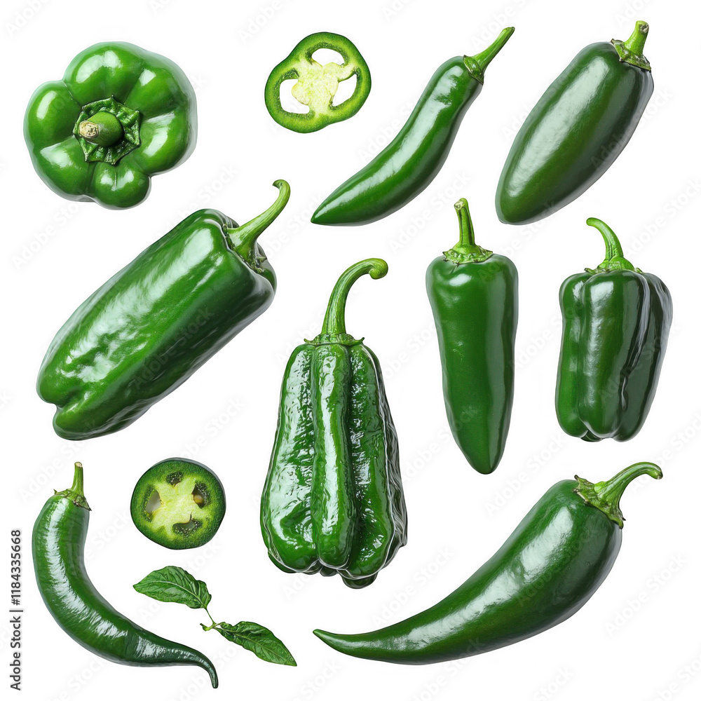 Assorted Green Peppers Isolated on White Background, Including Bell Peppers, Jalapenos, and Other Varieties Ideal for Culinary Uses and Fresh Recipes Assorted Green Peppers Isolated on White Background, Including Bell Peppers, Jalapenos, and Other Varieties Ideal for Culinary Uses and Fresh Recipes