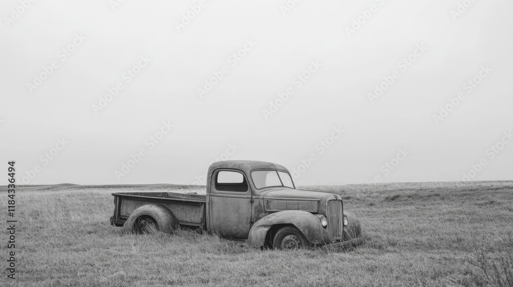 Fototapeta premium Rusty vintage pickup truck in a field, monochrome.