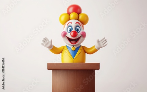 Leaderly 3D emoji clown face with a yellow nose, blue eyes, standing at a podium addressing a team, simple design, flat shading, white isolated background  photo