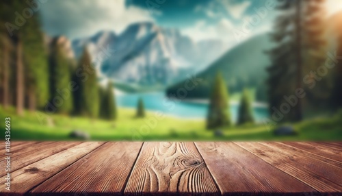 The empty wooden table top with blur background of summer lakes mountain. Exuberant image.