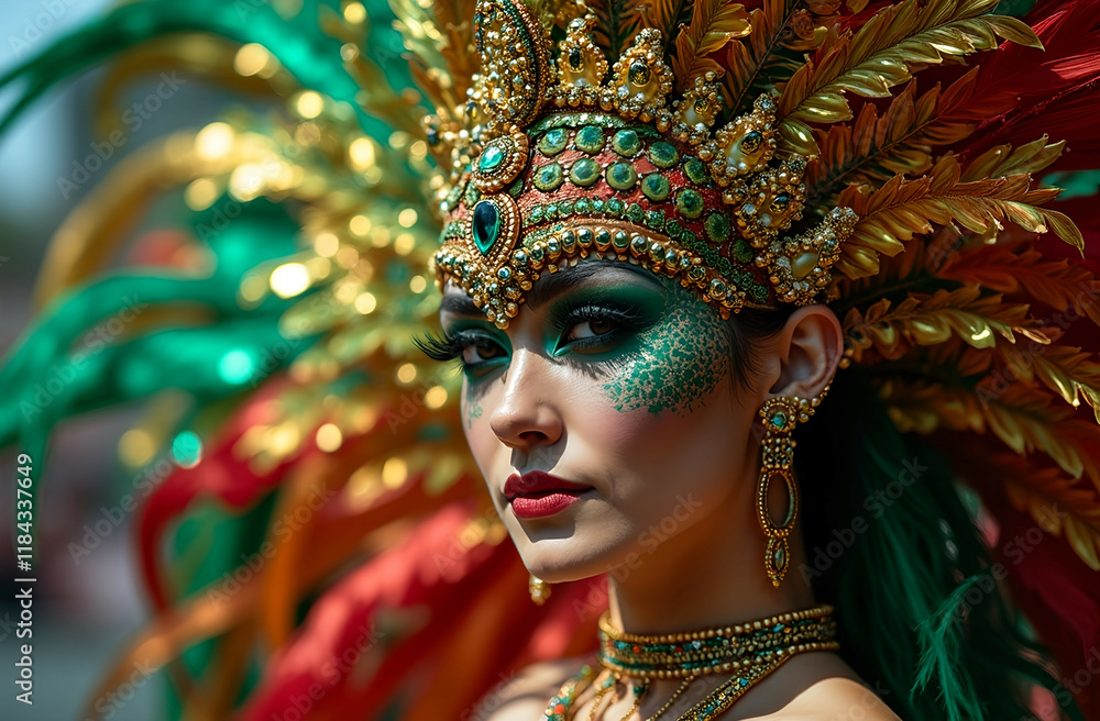 Close-Up of Flamboyant Dancer's Headdress with Iridescent Feathers in Emerald, Crimson, and Gold – Carnival Celebration Close-Up of Flamboyant Dancer's Headdress with Iridescent Feathers in Emerald, Crimson, and Gold – Carnival Celebration