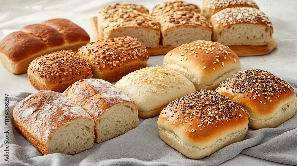 A selection of whole grain breads and rolls arranged on a light gray cloth A selection of whole grain breads and rolls arranged on a light gray cloth