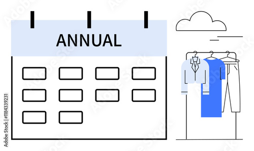 Large annual event calendar next to rack of business attire under a cloud. Ideal for planning, organization, business events, fashion, scheduling, annual forecasting, corporate events. Line metaphor