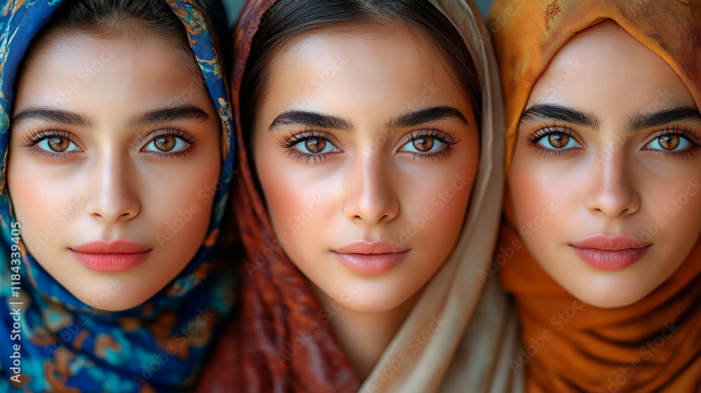 A trio of women wearing patterned and solid-colored headscarves pose gracefully together. Concept of unity and the richness of shared heritage. A trio of women wearing patterned and solid-colored headscarves pose gracefully together. Concept of unity and the richness of shared heritage.