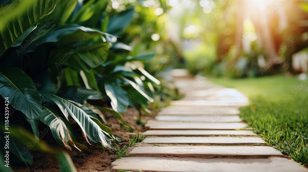 Obraz premium Tranquil garden path made of wooden planks winding through vibrant green tropical plants, bathed in warm sunlight, creating a peaceful and inviting atmosphere in a luxurious resort