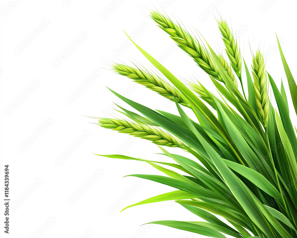 Fototapeta premium Lush green wheat stalks with vibrant leaves, showcasing the beauty of nature and agricultural growth against a clean background.